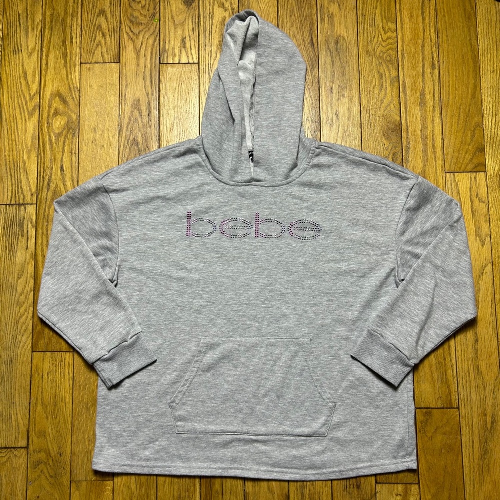 Bebe Sport‎ Gray Rhinestone Logo Hoodie Sweatshirt Plus Size 1X Y2K Athleisure